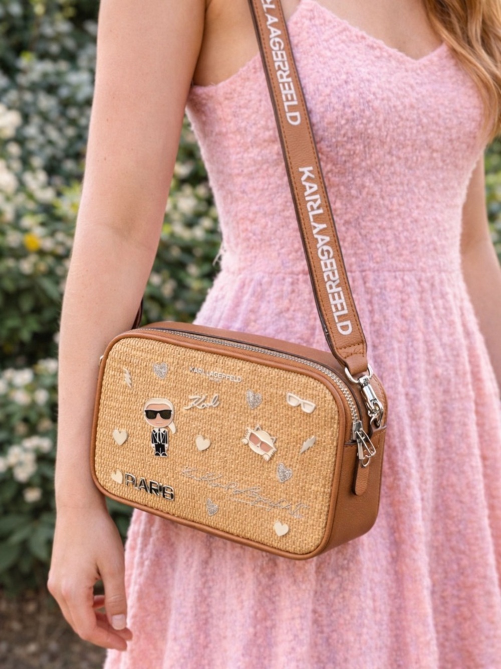 Karl Lagerfeld Tan Raffia Crossbody Bag with Logo Strap and Charms